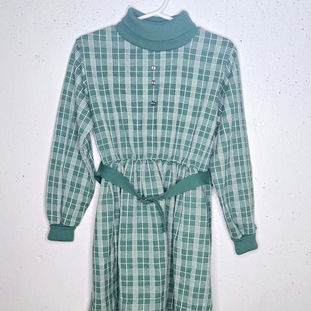 Green Plaid Turtleneck Dress